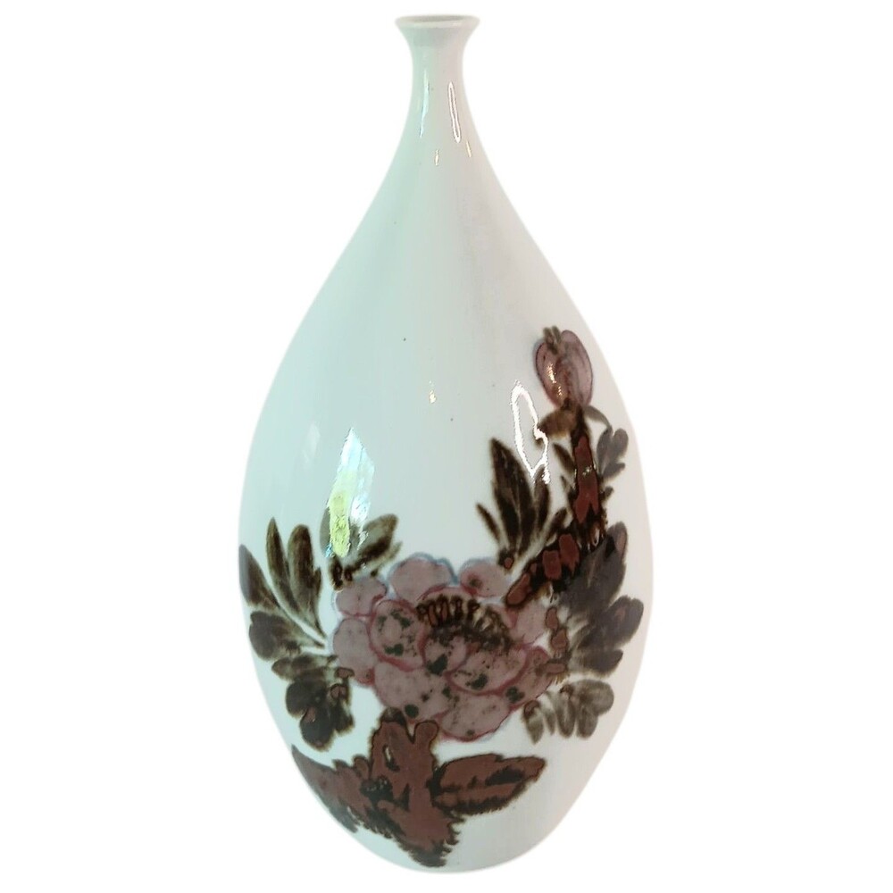 Floral Vase Narrow Neck Japanese Asian Abstract White Pink Flowers 8.5" x 3.5"